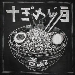 Hand-drawn illustration of a bowl of ramen on a blackboard.