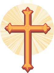 Wall Mural - Illustration of a stylized cross with decorative ends, surrounded by a radiant golden light.

