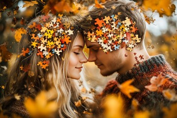 Sticker - Couple in autumn setting with puzzle piece brain visuals symbolizing the harmony and intellectual connection amidst nature