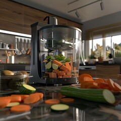 Sticker - A modern juicer filled with chopped vegetables, ready to make a healthy drink.