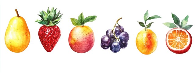 Watercolor illustration of a variety of fruits isolated on a white background Set 2