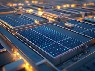 Poster - An industrial complex with solar panels on rooftops, glowing under soft dusk lighting, highlighting the integration of renewable energy in industrial settings.