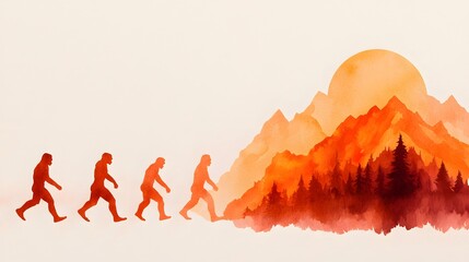 Human Evolution Watercolor Illustration   Progress   Silhouettes   Hominid   Mountain Landscape