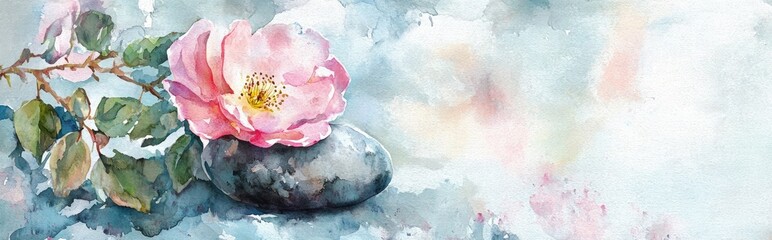 Wall Mural - Watercolor illustration of a rose stone with a flower in the morning light