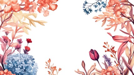 Wall Mural - Watercolor illustration of a vibrant square frame adorned with autumn flowers featuring branches hydrangea winter cherry blue cornflower and burgundy tulip Dried flowers exhibit unique shapes and