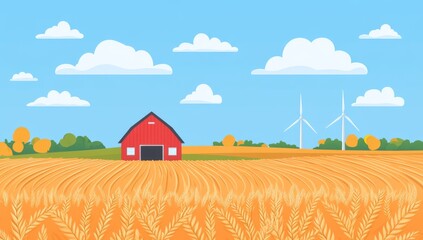 Wall Mural - Agriculture, wheat fields, autumn landscapes. Farm landscape in the afternoon of a fall afternoon. Rural life. Illustration of modern lifestyle.