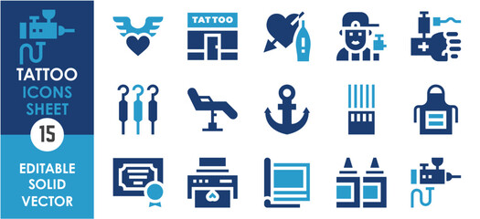 Poster - A set of solid icons related to Tattoo. Ink, studio, needle, artist, anchor, apron, hand, fashion, decoration, and so on. Vector flat icons set.