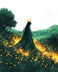 Sticker - Woman in a Golden Crown Walking Through a Field of Fire