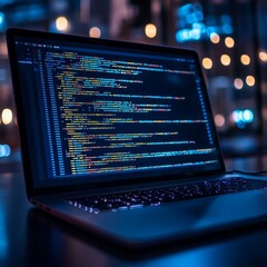8. high-tech laptop displaying complex code snippets, web development tools, programmerâ€™s workspac