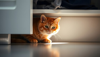 red cat hides under the closet from people. the cat is hiding under the closet. shy cat isolated with white highlights, png