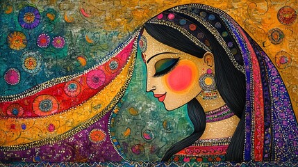 A beautiful Indian woman in a blue veil and red ornamental dress