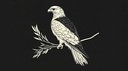 Poster - Black and White Illustration of a Hawk Perched on a Branch