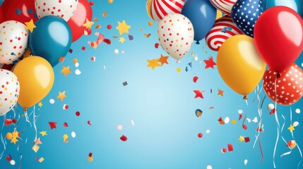 Wall Mural - Colorful Balloons and Confetti on Blue Background