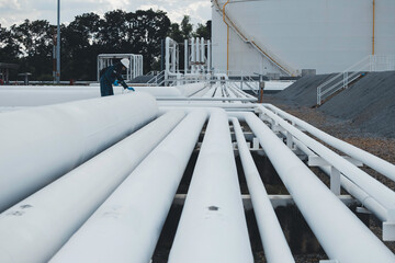 Wall Mural - Male worker inspection and measurement thickness pipeline oil and gas at check record pipeline