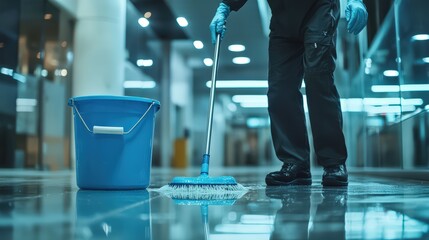 Janitor cleaning a shiny floor in a contemporary office environment