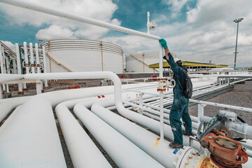 Wall Mural - Male worker inspection and measurement thickness pipeline oil and gas at check record pipeline