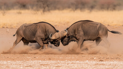 Wall Mural - Two wild animals, one of which is a buffalo, are fighting in the dirt