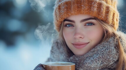 Woman holding a cup of coffee outside, winter atmosphere