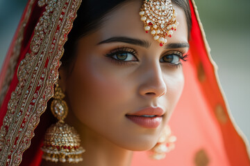 a portrait of an indian bride in traditional wedding attire with richly adorned jewelry, her gaze el