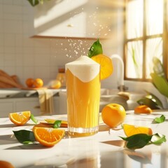 Poster - A refreshing glass of orange juice with a foamy top, garnished with a slice of orange and a green leaf,  on a kitchen countertop.