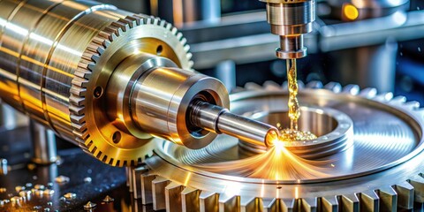 Poster - Metalworking gear wheel being machined with oil lubrication, metalworking, gear wheel, machining