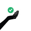 © Wahyu - green round check mark on black hand icon. concept of marketing agreement or consumer confirm pictogram. flat simple survey or review logotype