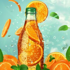 Canvas Print - A refreshing orange drink bottle with water drops, orange slices and mint.