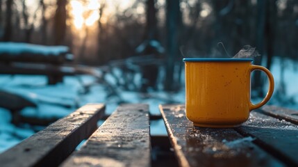 Wall Mural - A Yellow Mug of Steaming Hot Beverage on a Snowy Wooden Bench