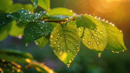 Dewdrops on Lush Green Leaves in the Morning Sunlight