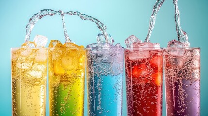 Canvas Print - Colorful Fizzy Drinks with Ice Cubes and Splashing Water