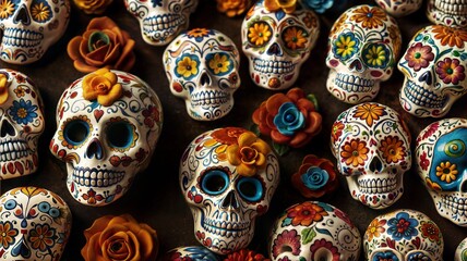 Colorful Sugar Skulls for Dia de los Muertos with Copy Space
