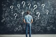© SKIMP Art - A man stands in front of a blackboard with question marks and scribbles, trying to figure out the details of his business plan Generative AI