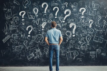 a man stands in front of a blackboard with question marks and scribbles, trying to figure out the de