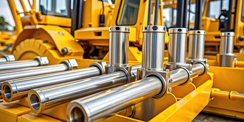 Poster - Chrome plated cylinder shaft of yellow bulldozers, tractors