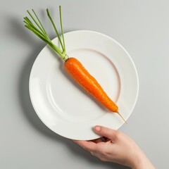 Wall Mural - A single carrot on a white plate held by a hand.