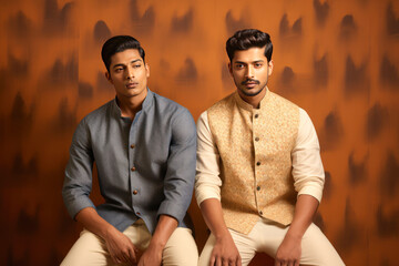 two indian handsome men in traditional nehru jacket