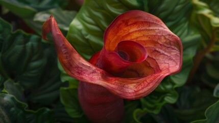 Poster - A single red flower with a curled petal blooms against a backdrop of lush green foliage.