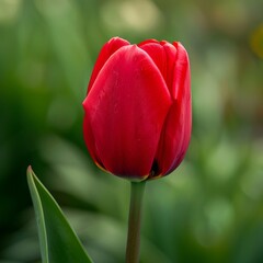 Poster - A single red tulip in bloom with a blurred green background.