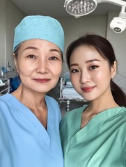 Sticker - A woman in scrubs standing next to a woman in a hospital room