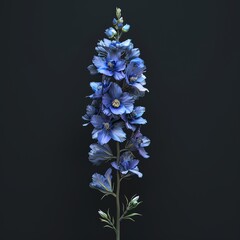 Poster - A single stem of blue delphiniums against a dark background.