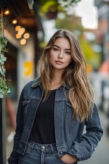 Poster - A woman in a black top and a denim jacket leaning against a wall