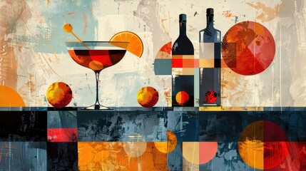 Vintage mid-century abstract cocktail drink poster featuring vibrant colors and geometric shapes