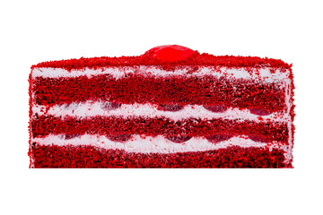 Wall Mural - Red velvet cake slice standing on white background