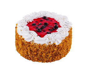 Wall Mural - Delicious round cake with berries and poppy seeds on white background