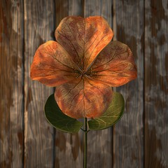 Canvas Print - A single, delicate flower with vibrant orange petals, delicate veins, and green leaves, against a rustic wooden backdrop.