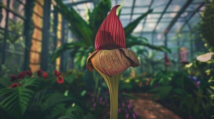 Wall Mural - A single, vibrant red flower blooms in a lush tropical greenhouse, surrounded by verdant foliage.