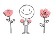 © Keattipoom - Cheerful Stick Figure with Roses - Minimalistic Clip Art Design of Smiling Character Surrounded by Flowers