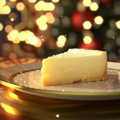 A slice of cheesecake dusted with powdered sugar sits on a plate against a festive bokeh background.