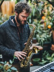 A man playing a saxophone in a garden