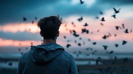 A solitary figure gazes toward the ocean at sunset, with dark clouds overhead and vibrant colors emerging in the sky. Birds soar around, creating a dynamic atmosphere of nature